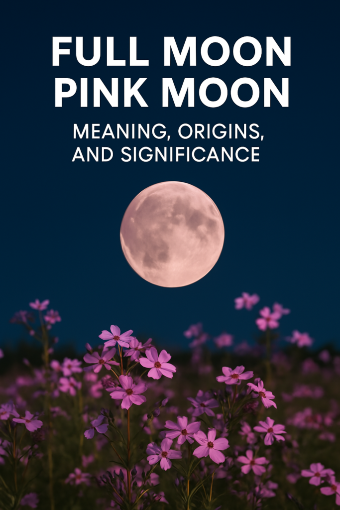 “Full Pink Moon rising over a field of blooming pink phlox flowers under a twilight sky, with text overlay reading 'Full Moon Pink Moon – Meaning, Origins, and Significance'.”